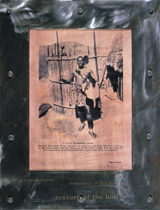 Pages from a government tourist brochure, Zulu Warrior, 1996. Acier, acétate extrudé, impression numérique d’archives, bois 53 x 45 cm